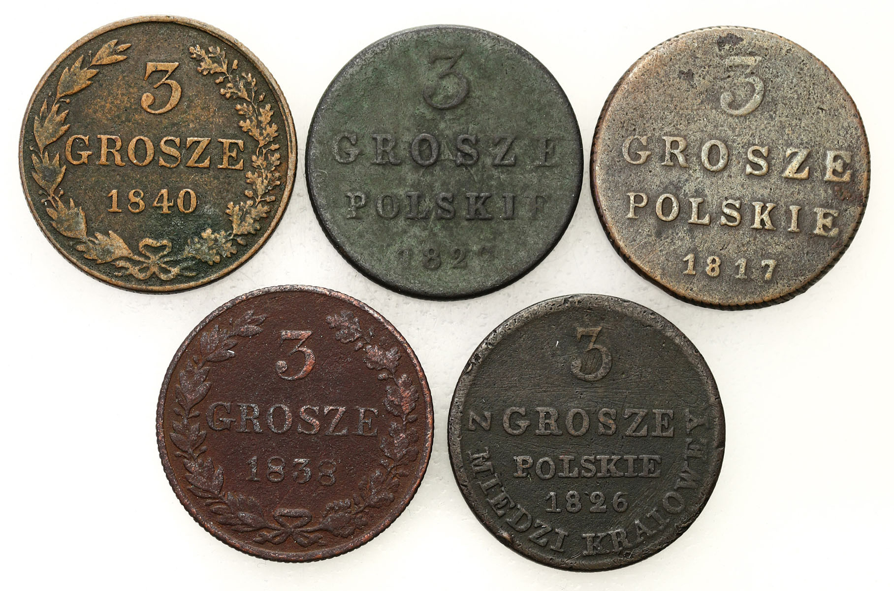 Polska XIX w./Rosja. Aleksander I, Mikołaj I. 3 grosze (trojak) 1817-1840, Warszawa, zestaw 5 monet